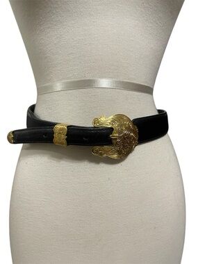 Big Al Black Leather Belt with Ornate Gold Tone German Silver Buckle